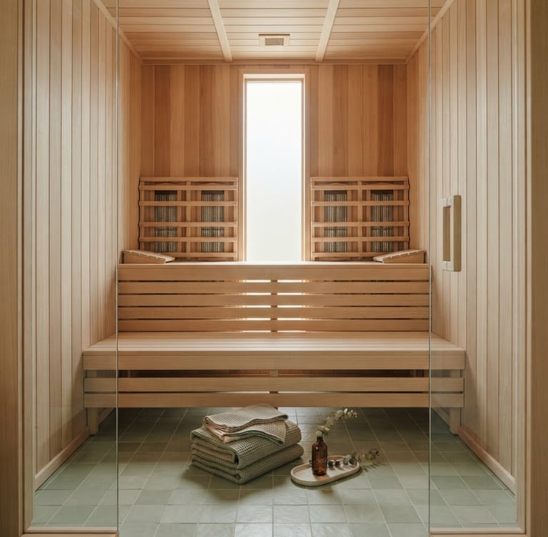 Wide symmetrical shot of a serene, empty infrared sauna interior, soft diffused natural daylight, light wood textures, minimalist apothecary aesthetic