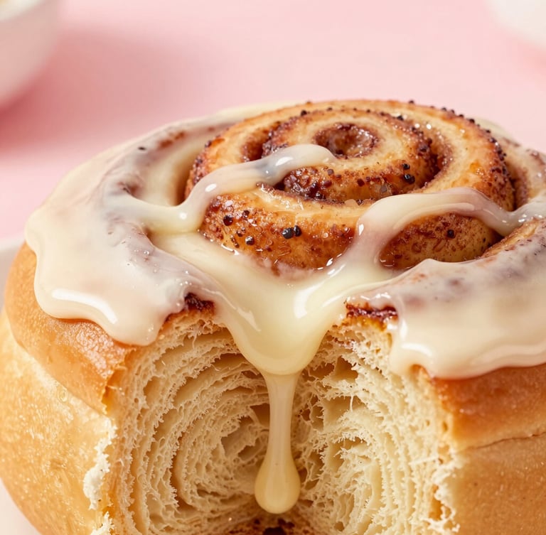 Extreme macro close-up of a warm cinnamon roll being pulled apart, showing the soft, steaming layers of dough and glossy vanilla cream frosting dripping down the sides, bright natural daylight, pastel pink background