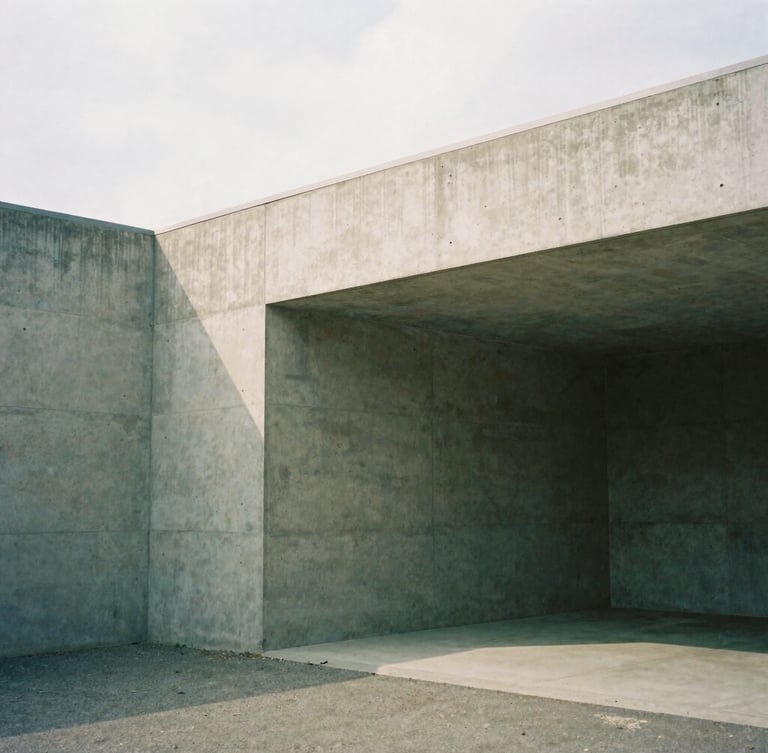 Tight architectural crop of a modern concrete workspace, soft overcast daylight, natural shadows, minimalist 35mm film style