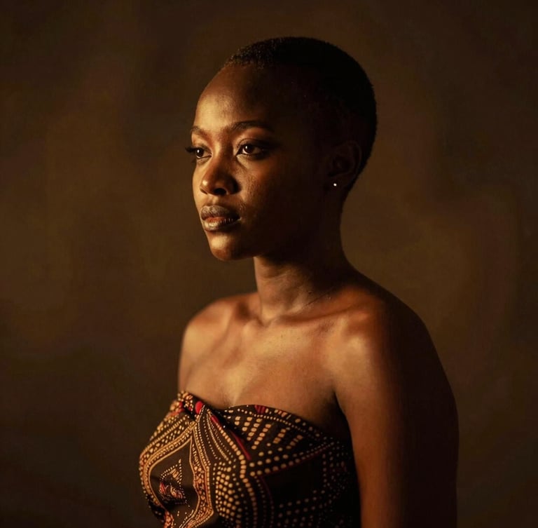 Cinematic low-light studio portrait of Suzy Nzambi, with dramatic side-lighting and warm golden tones, a thoughtful expression, embodying grace and cultural depth, 35mm.