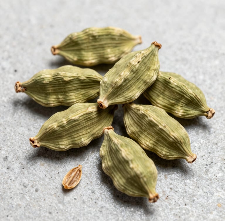 Macro overhead shot of pristine, whole green cardamom pods and cumin seeds arranged on a clean, light grey stone industrial surface, crisp bright daylight, sharp focus on grain textures.