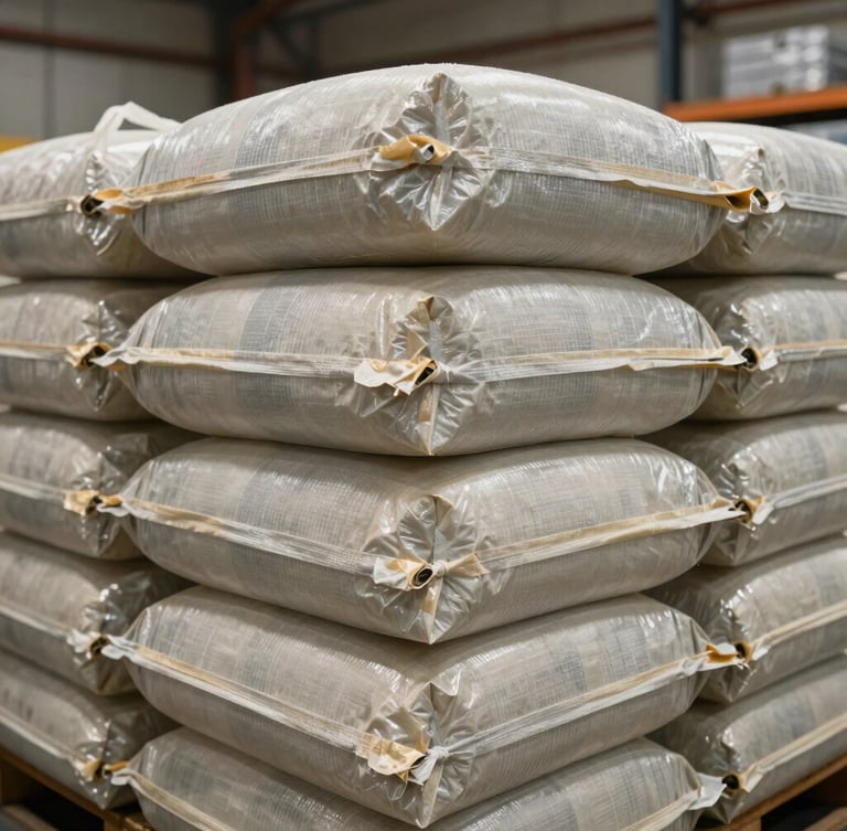 Macro close-up of industrial woven polypropylene jumbo bags stacked in a clean, dry, climate-controlled shipping warehouse, soft overhead lighting.