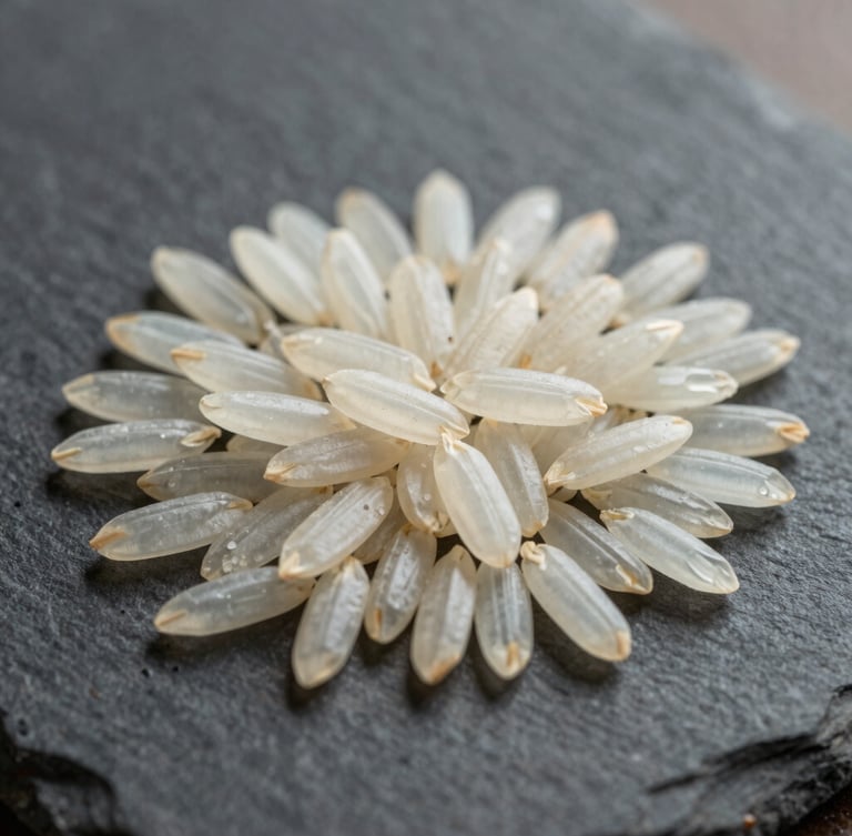 A crisp macro photograph of raw, unpolished 1121 Basmati rice grains aligned perfectly on a sterile dark slate surface, bright natural daylight highlighting the uniform grain length and translucent texture.