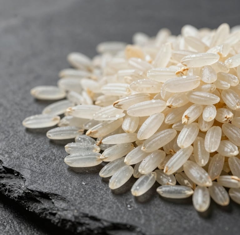 Macro shot of raw, unpolished long-grain Basmati rice on a dark slate industrial surface, sharp side lighting, high contrast, emphasizing grain length and purity.