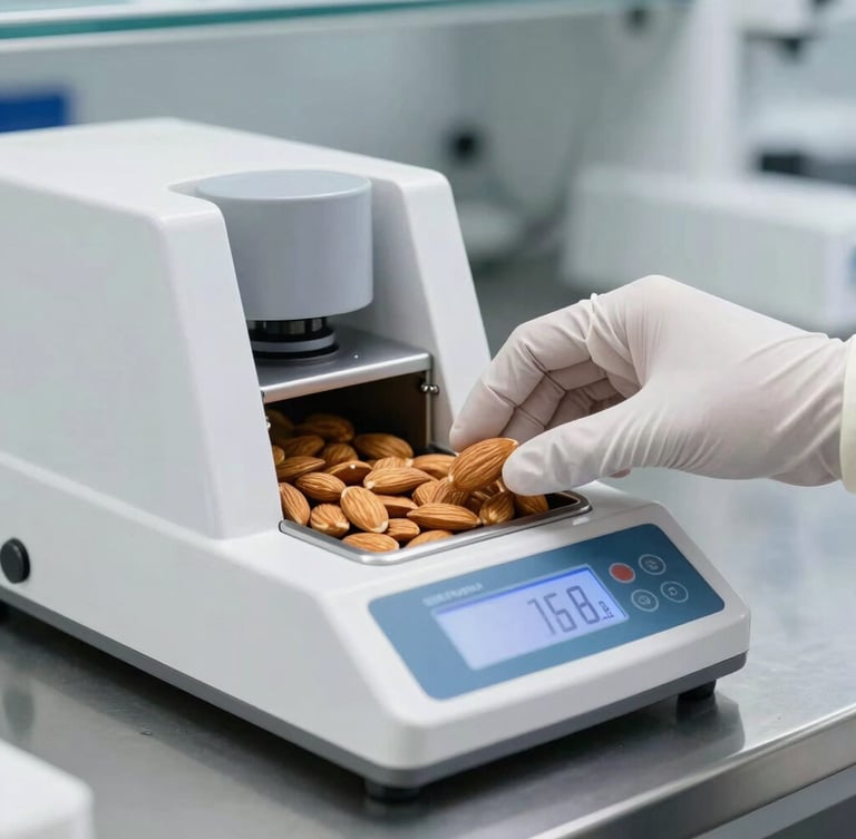 A clean laboratory setting with a stainless steel surface, featuring a white-gloved hand placing raw almonds into a high-precision digital moisture analyzer under bright, sterile white light.