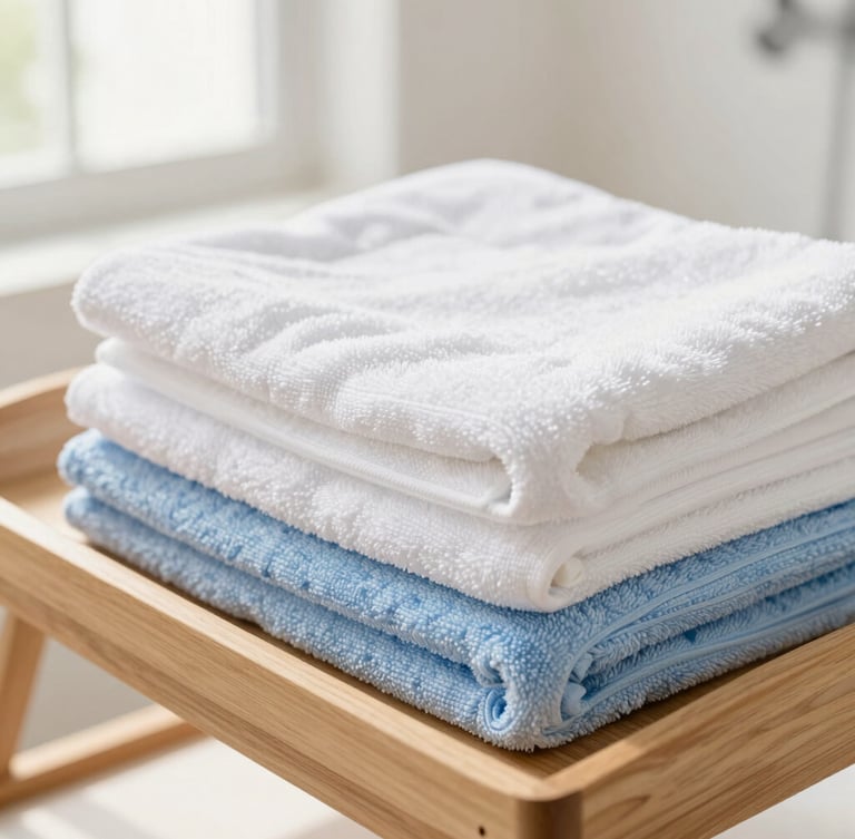 close-up of pristine home detail, neatly folded white and soft blue towels on a clean wooden tray, warm sunlit background, 35mm lens