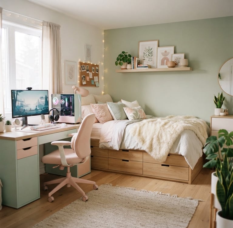 Wide shot of a stylish teen bedroom with a pastel wood gaming desk and a storage drawer full bed, soft diffused morning daylight, books and small plants on a floating shelf, cozy faux fur throw, clean low-profile lines, shallow depth of field, 35mm