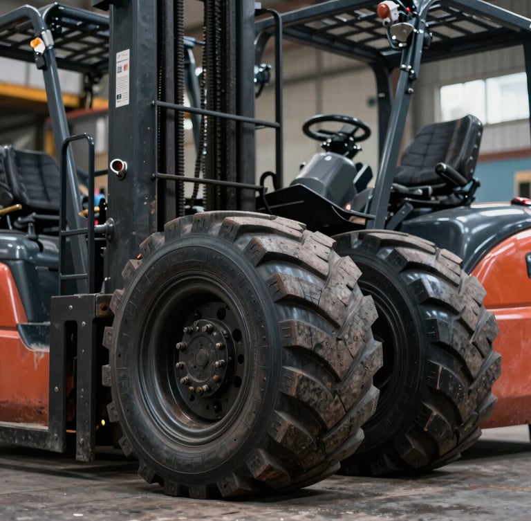 Pengambilan gambar sudut rendah dari ban forklift solid hitam pekat berukuran besar di dalam gudang penyimpanan Jakarta Barat, pencahayaan industri yang tajam menyoroti kedalaman tapak ban.