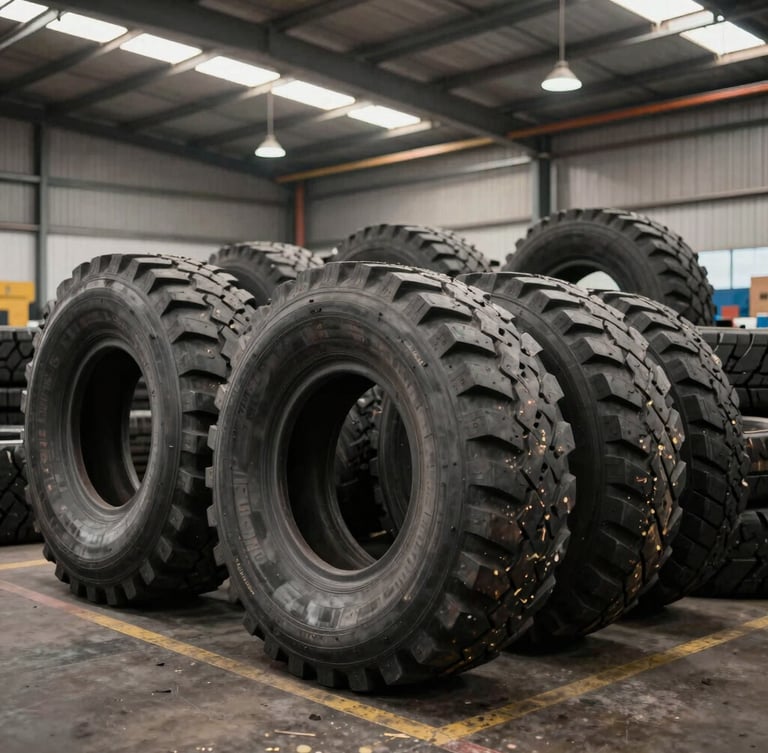 Wide panoramic shot of a heavy-duty warehouse interior in West Jakarta, stacked with giant radial and bias construction tires, raw industrial lighting.