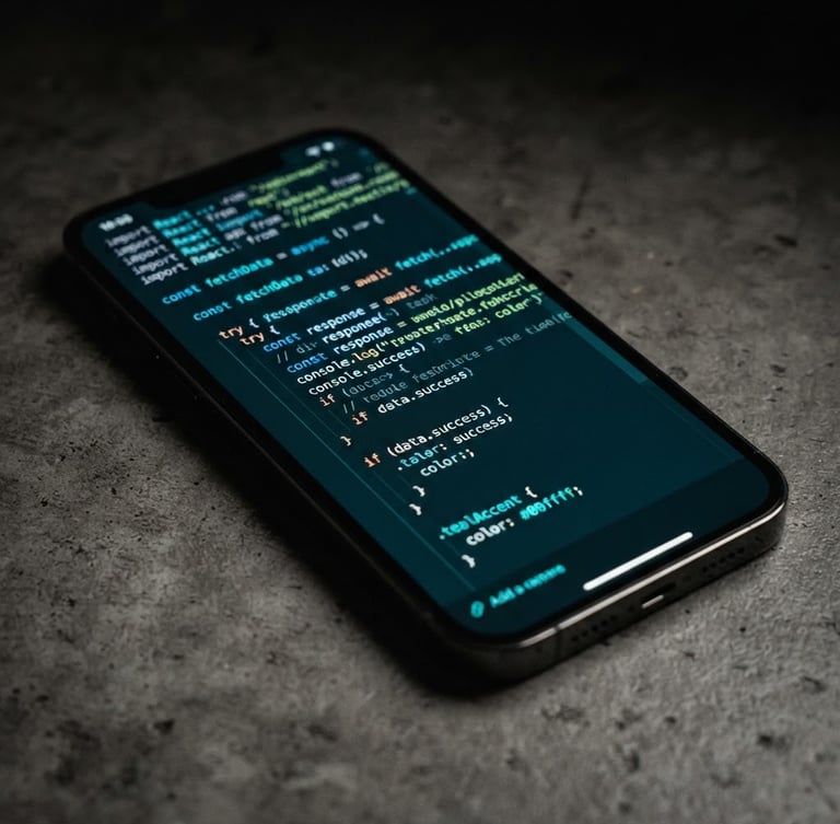 Macro close-up of a physical iPhone resting on a dark concrete desk, displaying a code editor with glowing neon teal syntax highlighting, low-key studio lighting, 35mm lens