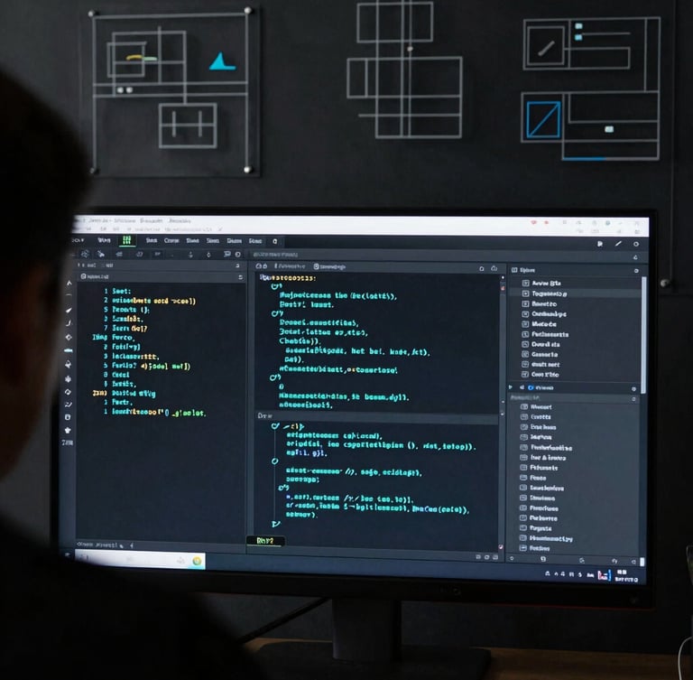 Over-the-shoulder developer perspective of a clean code editor with neon teal syntax highlighting on a dark monitor, physical glass board with wireframes in the background.