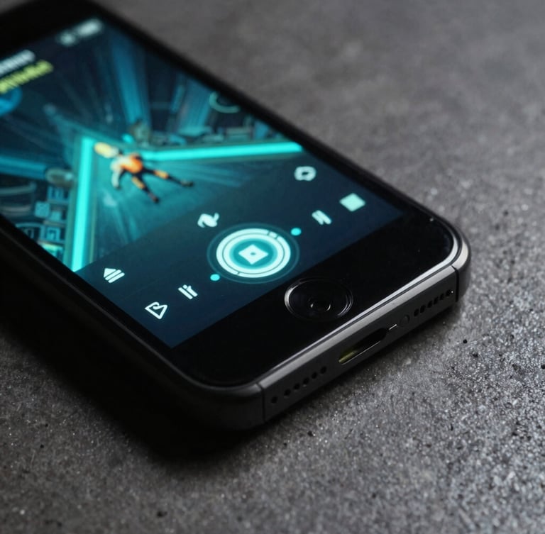 Macro close-up of a physical mobile device resting on a dark concrete desk, displaying a high-performance game UI with sharp neon teal ambient glow, 35mm lens.