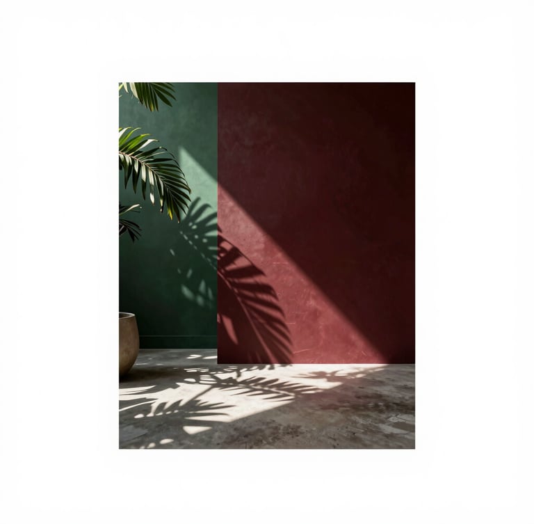 Elegant editorial photography of a modern, sunlit creative studio in Brazil, shadows of tropical leaves dancing on concrete floors, warm natural light, 35mm