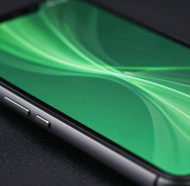 Extreme macro close-up of a high-end Android flagship device edge, displaying fluid neon green motion paths on screen, dark moody studio lighting, Dutch angle