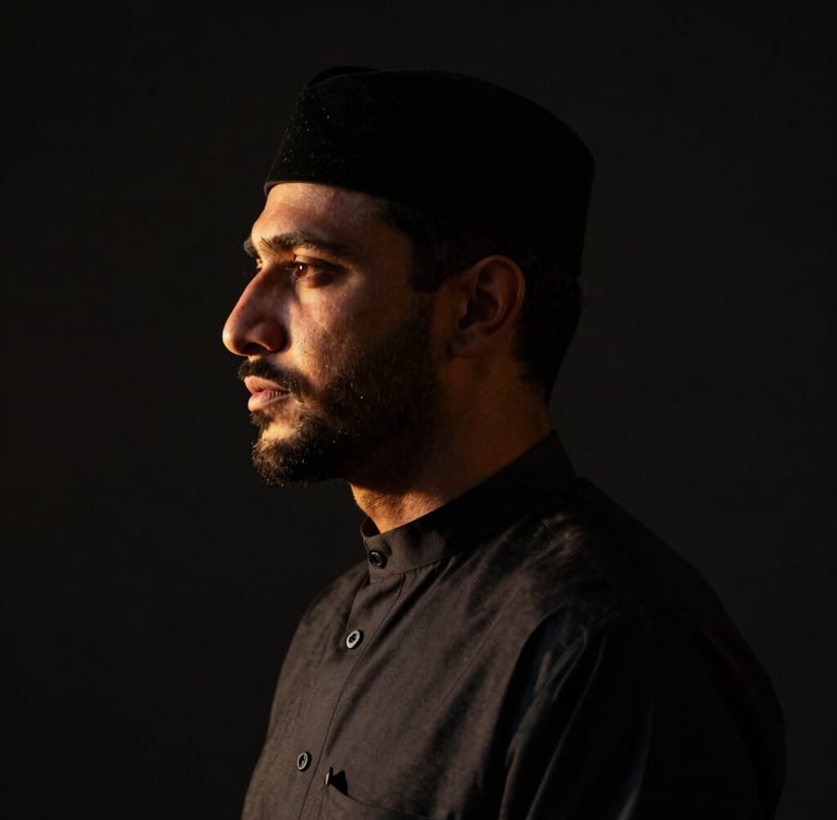 Low-key high-contrast portrait of Abdul Wahab Mir, cinematic lighting with deep shadows, sharp focus on a refined profile, dark obsidian background, warm golden-hour rim light.