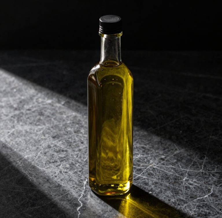 A high-end glass bottle of premium olive oil on a dark marble surface, dramatic side lighting casting long shadows, champagne gold highlights.