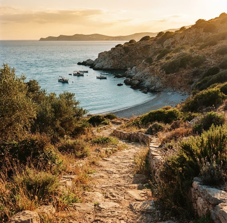 Medium-wide environmental shot of a sun-drenched stone path winding down to a quiet Mediterranean bay, warm golden hour side-lighting, soft natural shadows, 35mm film look.