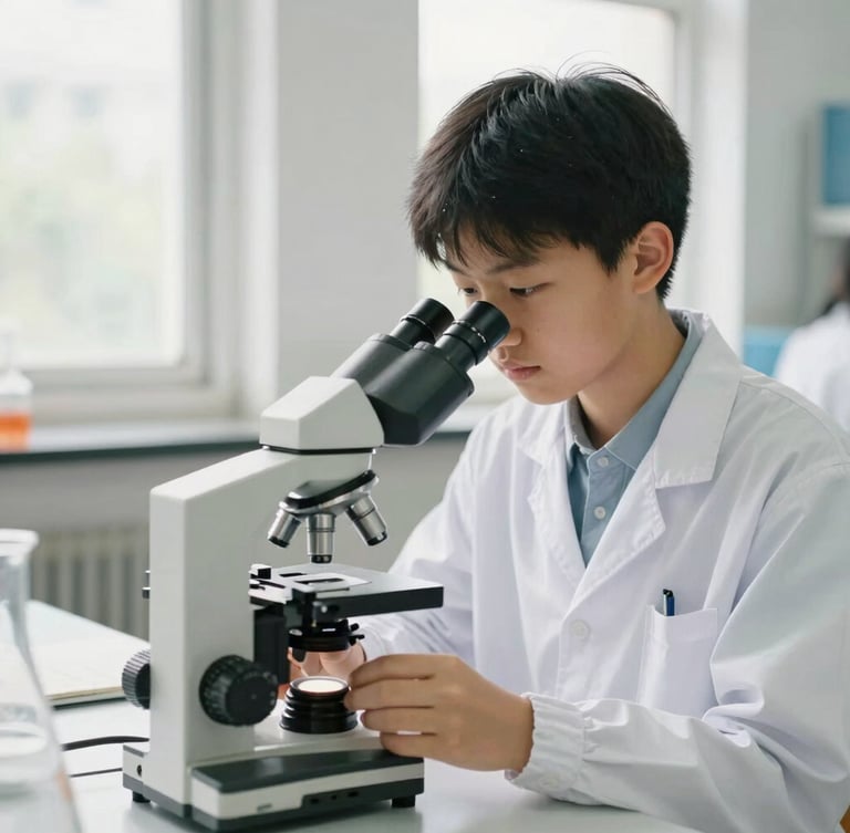 A bright science laboratory where a high school student in a white coat adjusts a microscope, natural light from a side window, focused expression, bright editorial style.