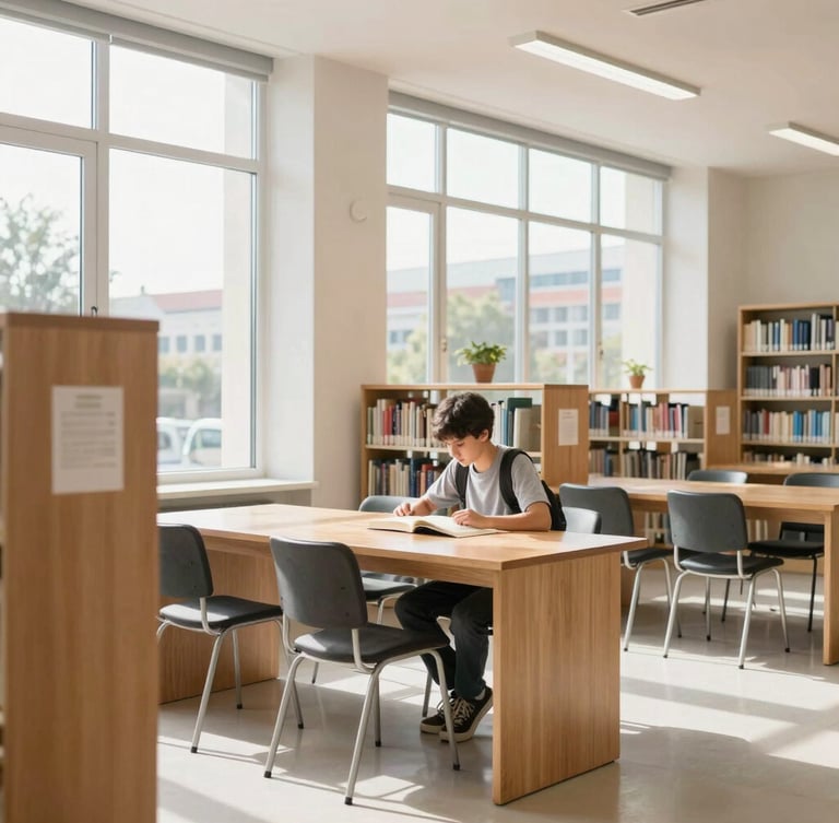 Bright editorial photography of a modern school library with natural daylight streaming through large windows, a student reading a book at a wooden table in Istanbul