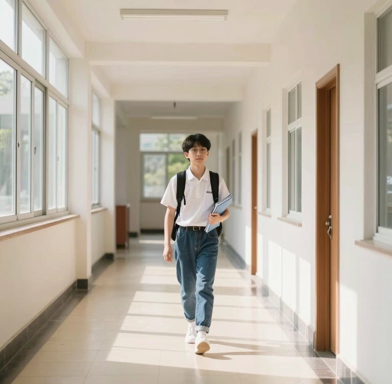 Bright editorial photography of a modern school hallway with natural daylight streaming through windows, a student walking with a notebook, professional 35mm