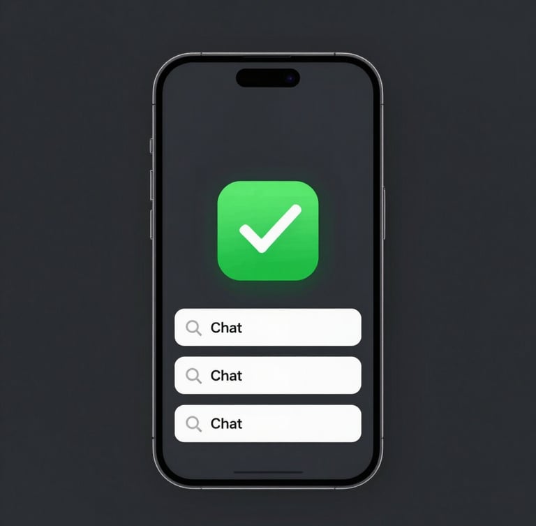 A clean modern smartphone screen displaying an automated chat booking flow, electric green confirmation checkmark, dark mode background, crisp tech photography