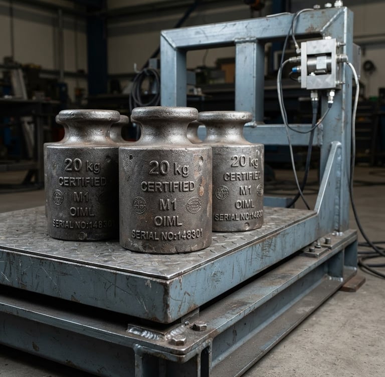 Close-up of industrial heavy-capacity scale steel structure with large certified cast iron standard weights placed on top, sharp focus, cool daylight, engineering precision