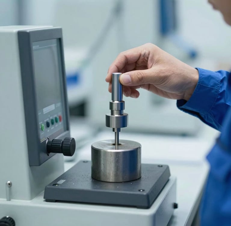 Close-up of a certified technical specialist in a clean uniform adjusting high-precision standard weights on a laboratory balance, cool technical lighting