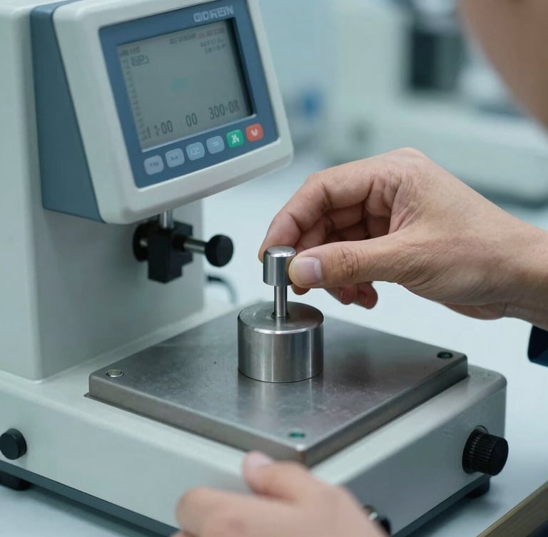 Close-up of a calibration technician placing a certified standard steel weight on a high-precision laboratory balance, cool technical studio lighting