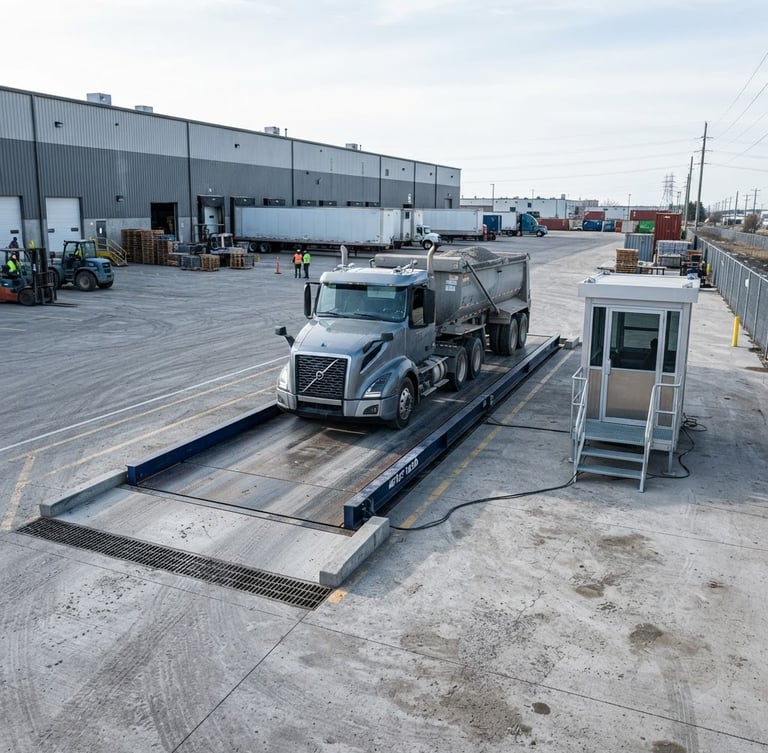 Wide industrial shot of a modern heavy-duty truck scale installed in a concrete logistics yard, sharp focus, cool daylight, steel grey tones