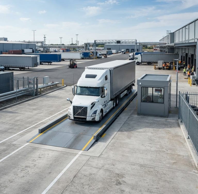 Wide environmental shot of a modern heavy-duty truck scale installed at an industrial logistics facility, crisp daylight, steel grey tones, sharp focus
