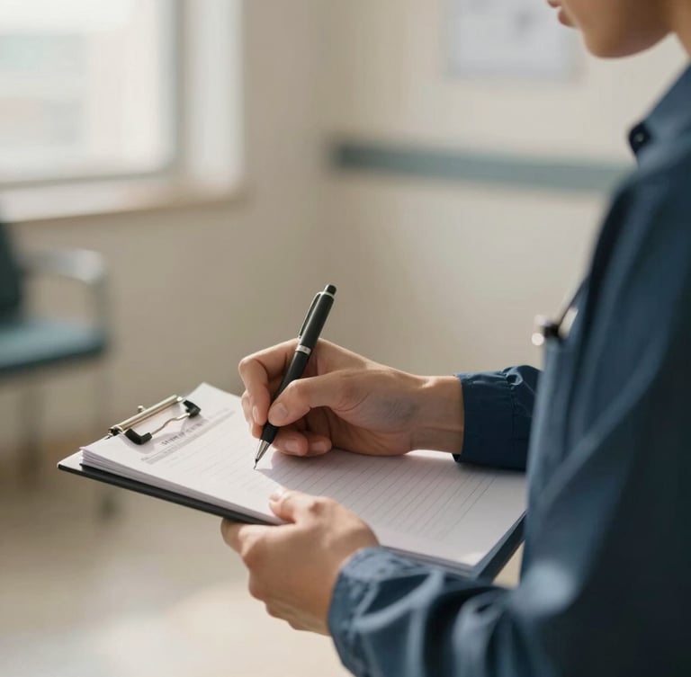 Close-up of professional hands writing notes on clinical materials in a modern clinical space, soft natural daylight, warm editorial photography.