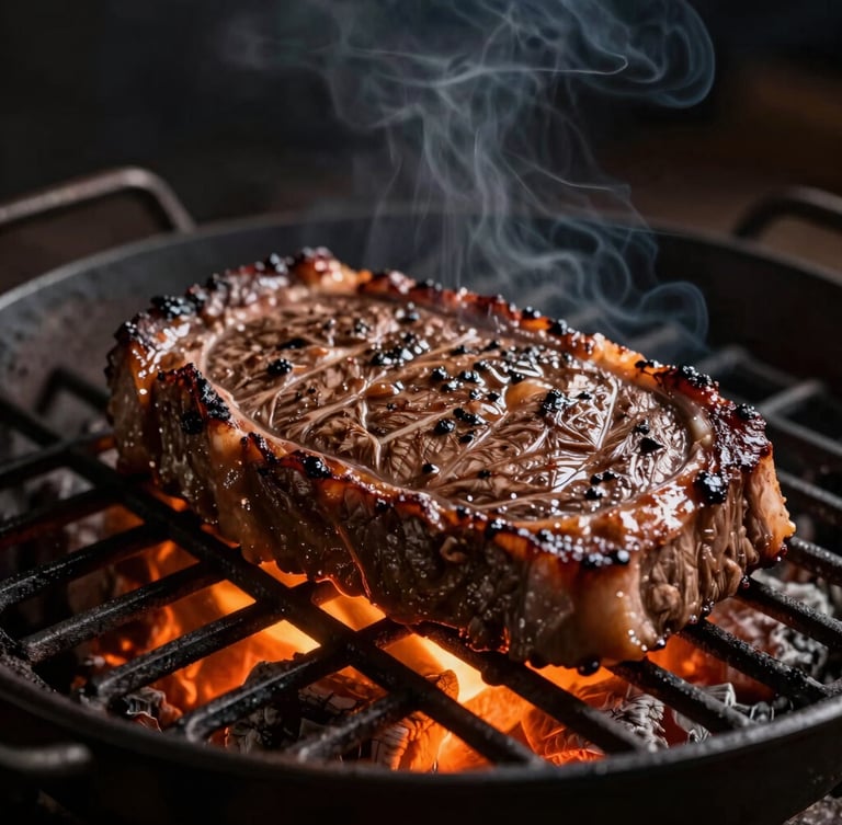 A close-up of premium Angus beef cuts sizzling over glowing orange quebracho embers on a traditional iron parrilla, dark moody lighting, deep shadows, rich amber tones, 35mm lens