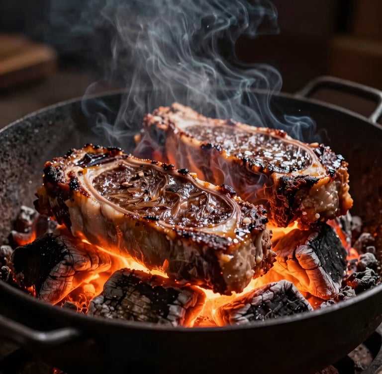 Close-up of thick prime Angus cuts sizzling on a traditional iron parrilla over glowing red quebracho embers, intense firelight, rising smoke, dark moody atmosphere