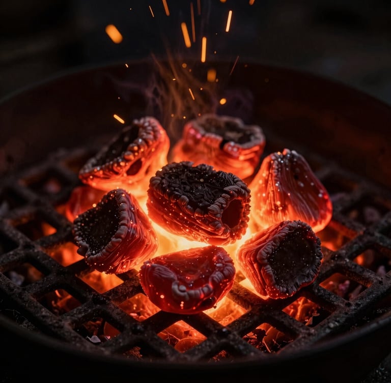 Macro shot of glowing red quebracho embers inside a dark iron grill, sparks flying, deep shadows, warm amber light, 35mm lens
