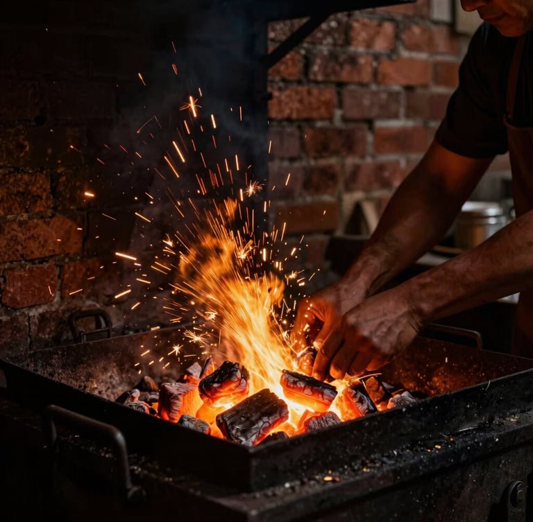 A focused parrillero adjusting glowing coals under a massive iron grill, sparks flying, warm amber glow illuminating his hands, deep shadows, rustic brick background