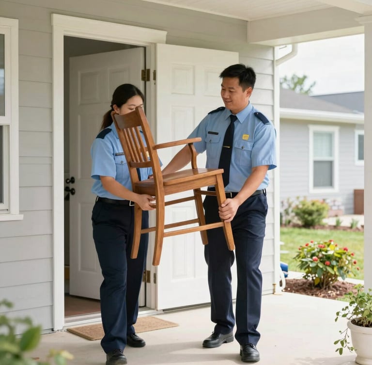 A polite, uniformed crew member carefully carrying a wooden chair out of a bright, clean, organized suburban home in Richmond Hill, natural daylight.