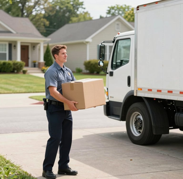 A polite, uniformed crew member carefully carrying a clean cardboard box near a professional truck parked on a neat Richmond Hill suburban driveway, bright natural daylight