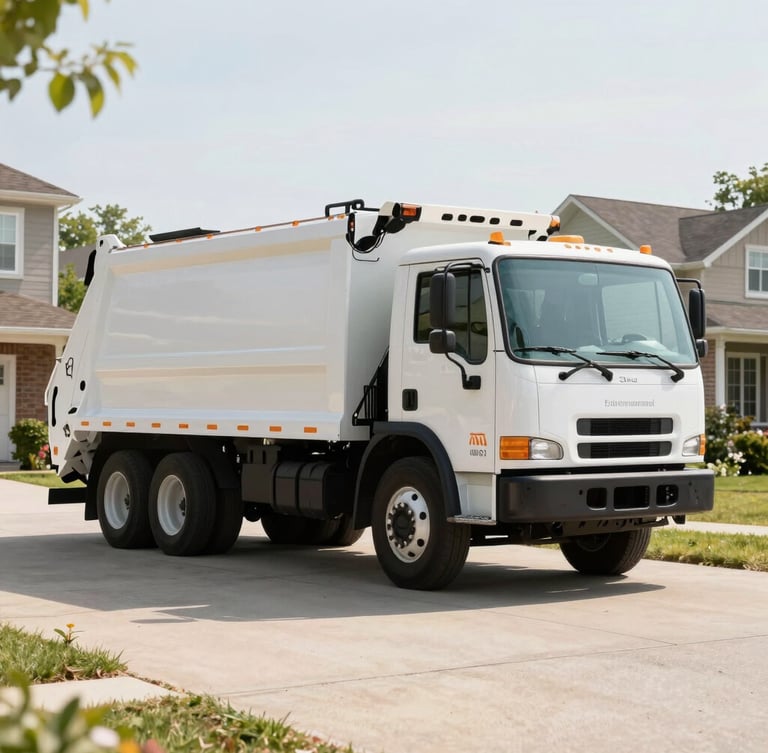 A clean white Hillside Environmental Hauling truck parked on a neat, sunny suburban driveway in Richmond Hill, bright natural daylight, soft warm tones, professional setting