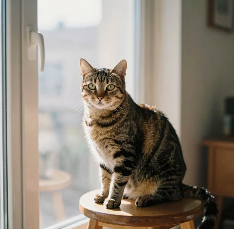 Candid eye-level photo of a tabby cat sitting on a wooden stool in a sunlit apartment, warm natural window light, shallow depth of field, 35mm