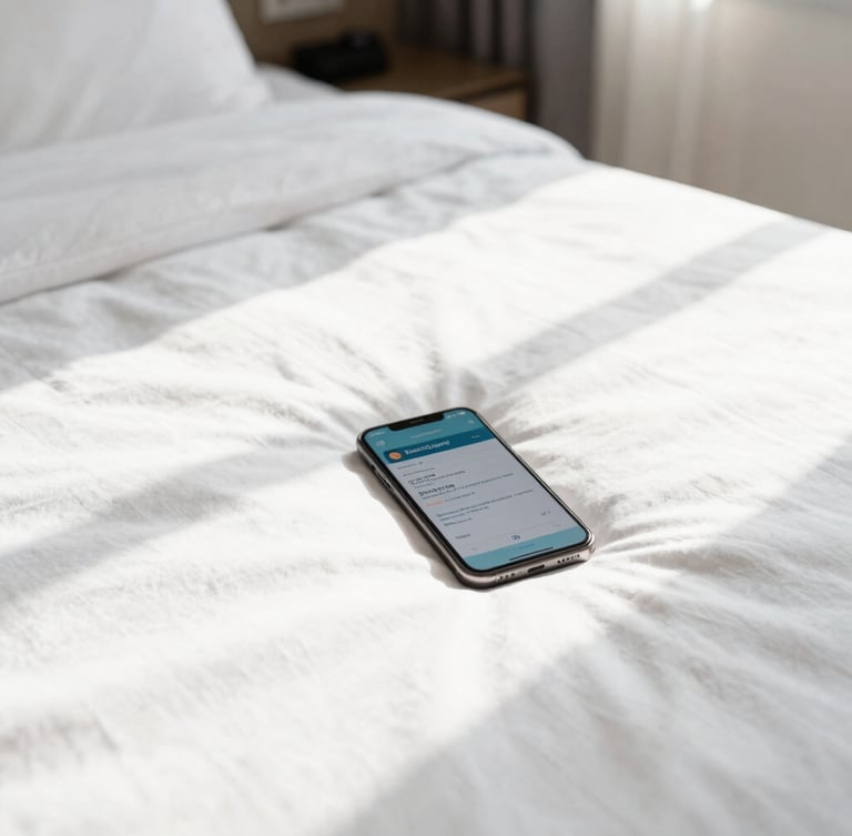 Sunny bright hotel room details with morning light spilling across a neatly made bed and a smartphone displaying a travel confirmation, 35mm
