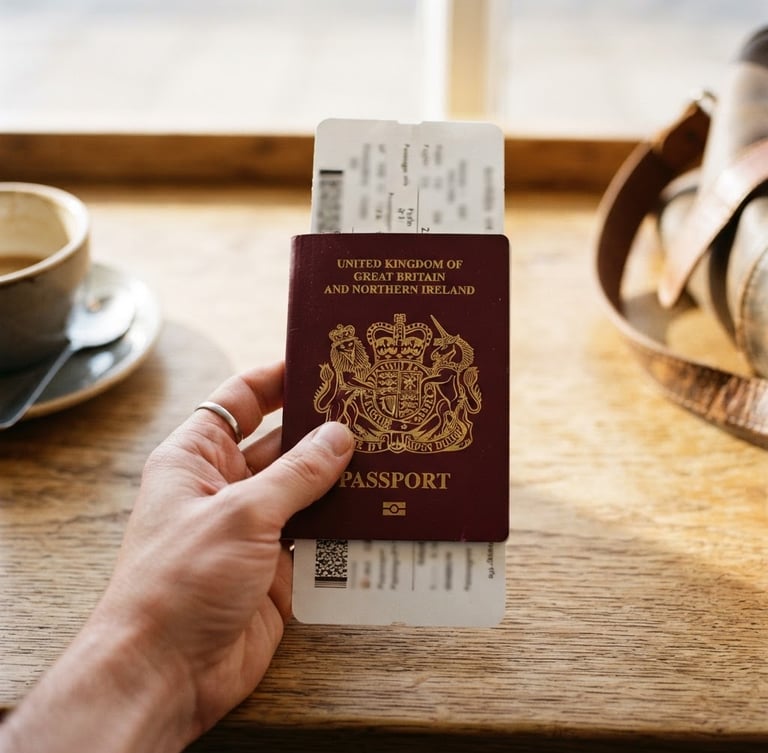 First-person perspective of a hand holding a passport and a boarding pass over a clean wooden table, warm natural sunlight, 35mm photography