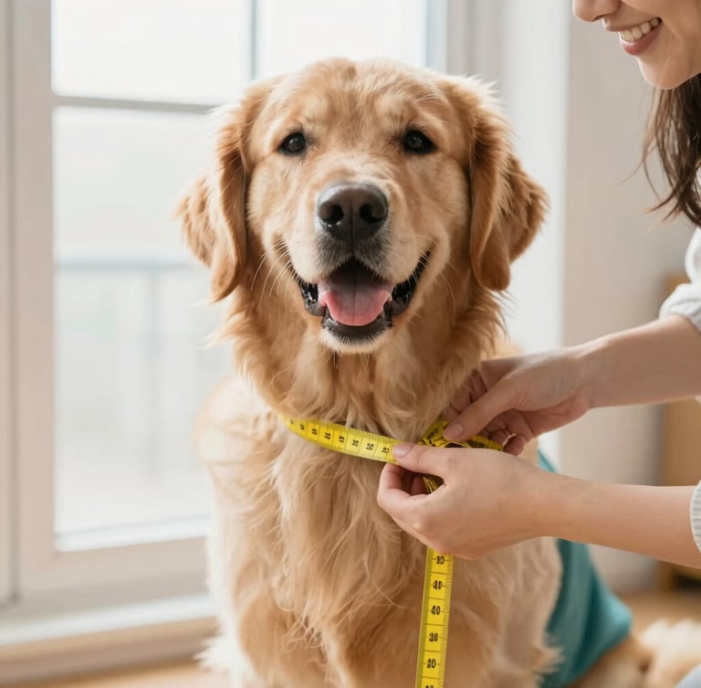 Hands of a smiling owner gently measuring a happy golden retriever with a yellow tape measure, soft natural window light, cheerful warm tones, shallow depth of field, 35mm