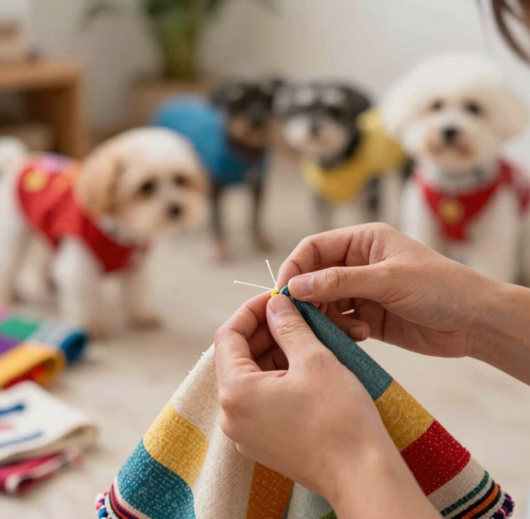 Warm natural light close-up of artisan hands carefully stitching a colorful fabric pet poncho, soft textures, cheerful Mexican workshop background, shallow depth of field, 35mm