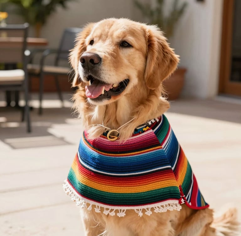 Eye-level shot of a happy golden retriever wearing a colorful handmade Mexican dog poncho, sitting in a bright sunlit patio, warm natural light, shallow depth of field, 35mm