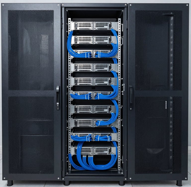 Straight-on structured wide shot of a server rack with neat blue cabling, clean industrial utility lighting, crisp focus, 35mm lens