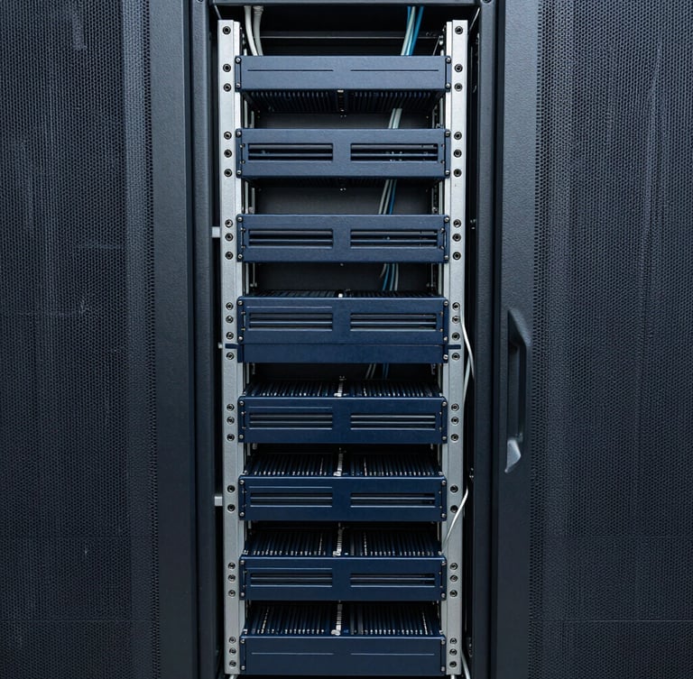 Straight-on structured view of neat server rack cabling in cool natural daylight, deep navy tones, sharp focus.