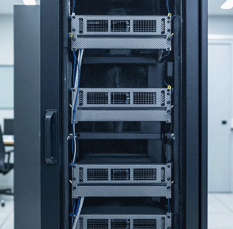 Straight-on structured shot of an enterprise server rack with neat, clean cabling, cool crisp indoor utility lighting, professional technical environment.