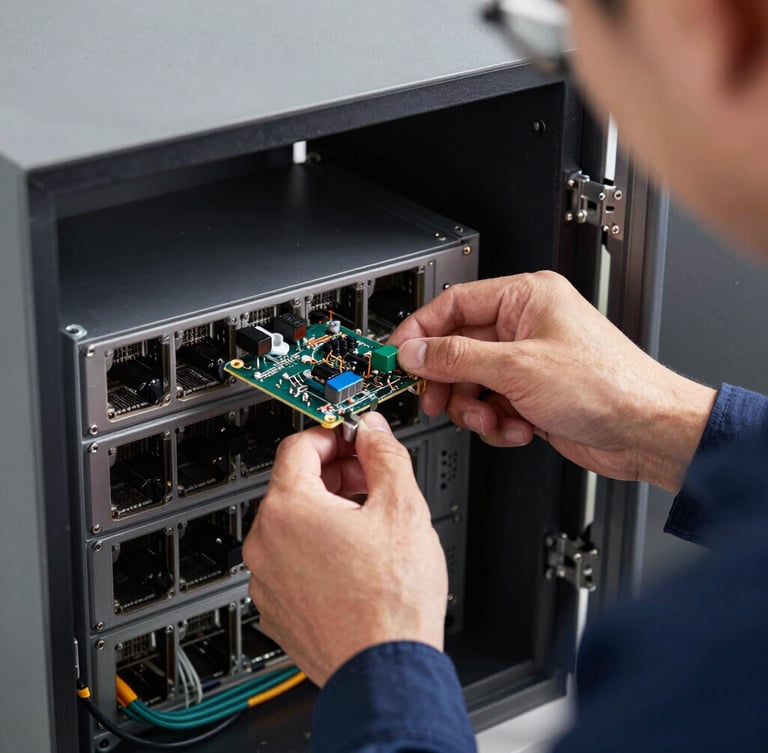 Hands-on hardware installation of network components by a technician, clean indoor utility lighting, sharp focus on physical tools.