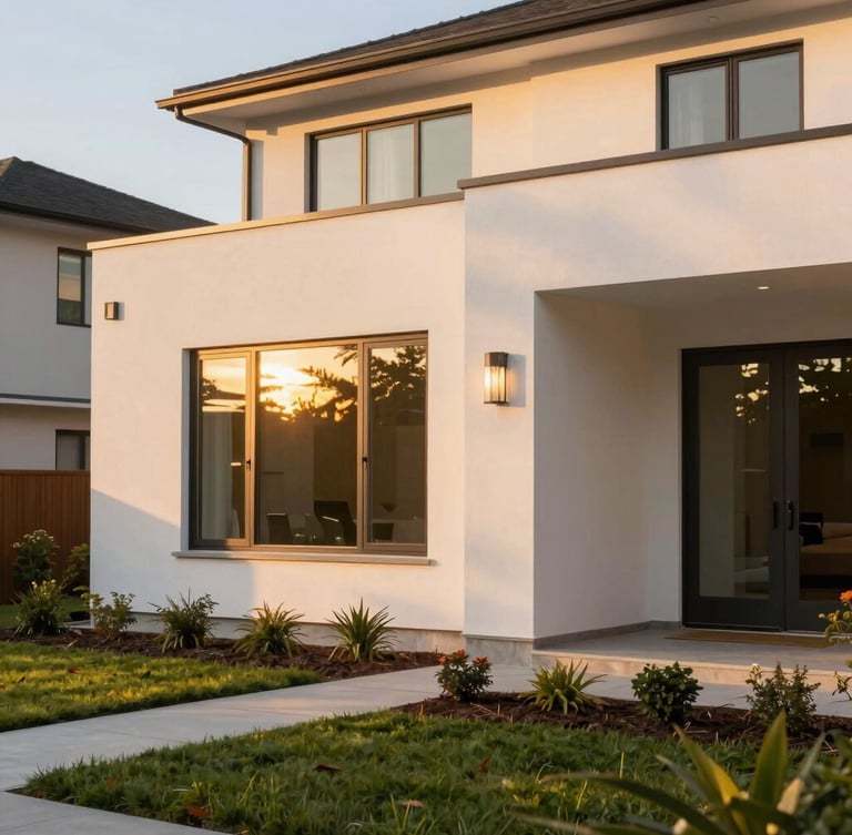A bright, natural-light-filled modern home exterior, warm golden-hour sunlight reflecting off windows, clean architectural lines, welcoming front yard.