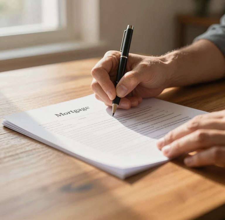 Close-up of hands signing clean mortgage documents on a wooden table, soft morning window light, shallow depth of field, warm tones